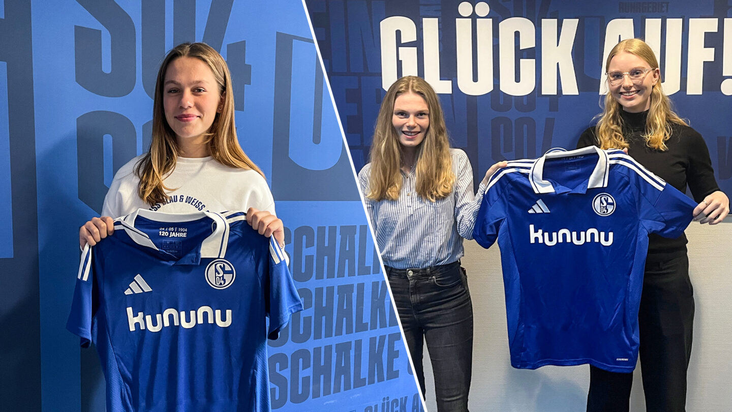Team 1 Neuzugänge Holly Pels, Jolina Opladen und Lea Wilting halten Schalke-Trikot