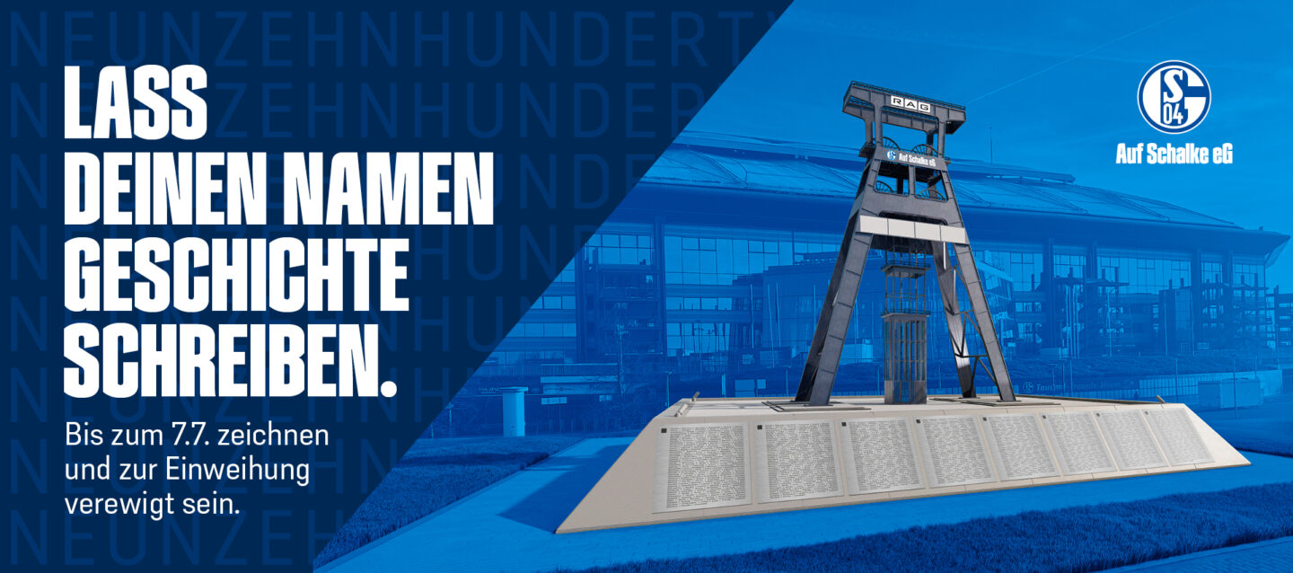 Schmuckgrafik: Förderturm der Auf Schalke eG vor der VELTINS-Arena mit Schriftzug Lass deinen Namen Geschichte schreiben.