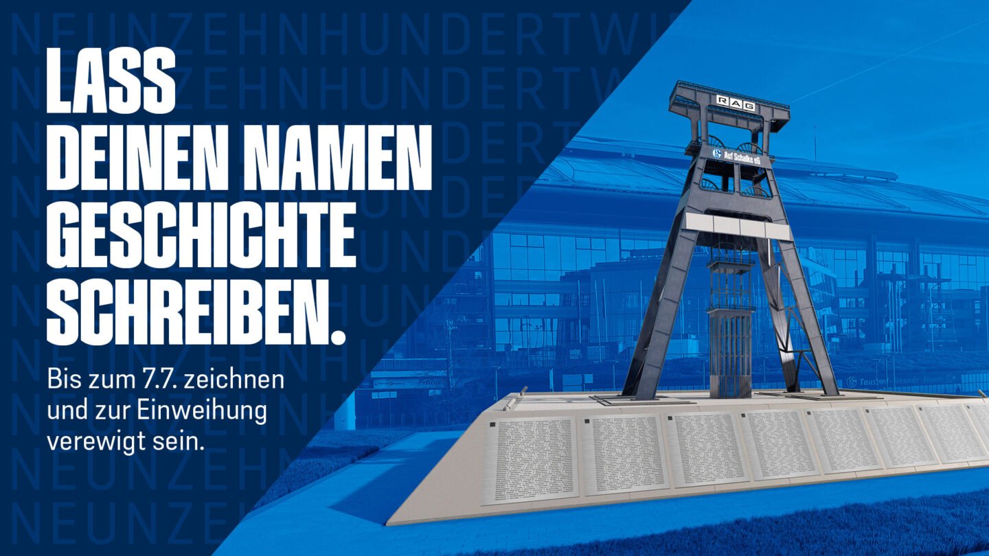 Schmuckgrafik: Förderturm-Denkmal der Auf Schalke eG vor der VELTINS-Arena