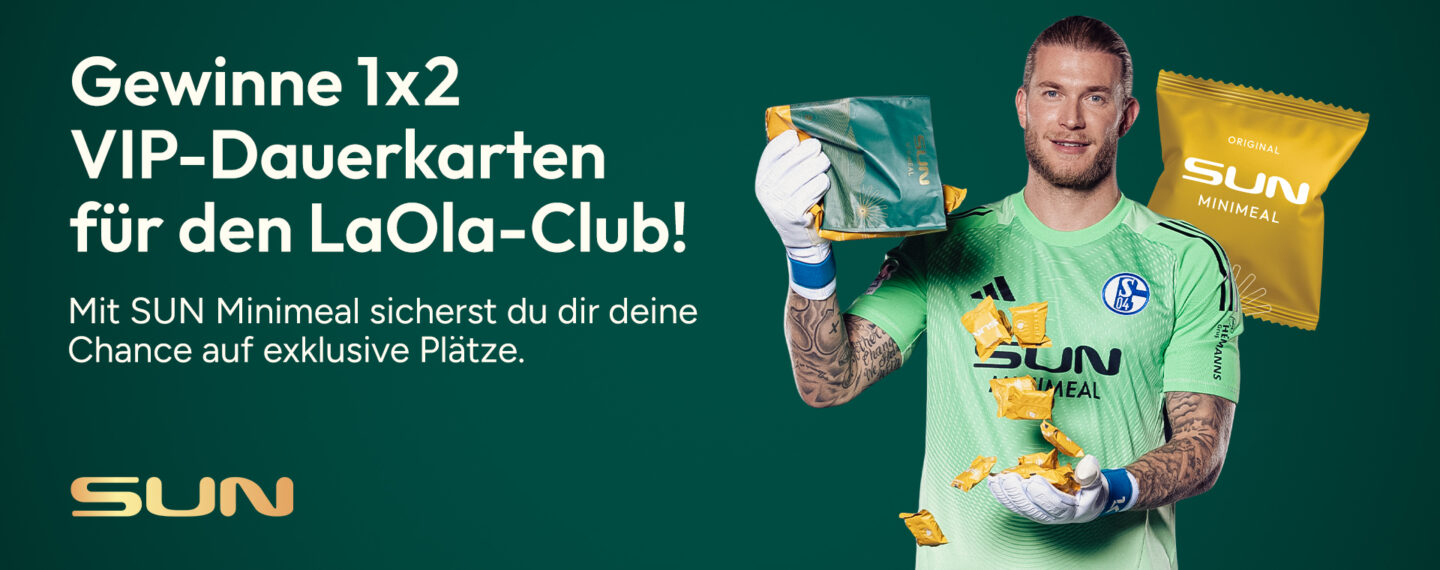 Schmuckgrafik zum Gewinnspiel von SUN Minimeal, Loris Karius hält eine Packung in der Hand.